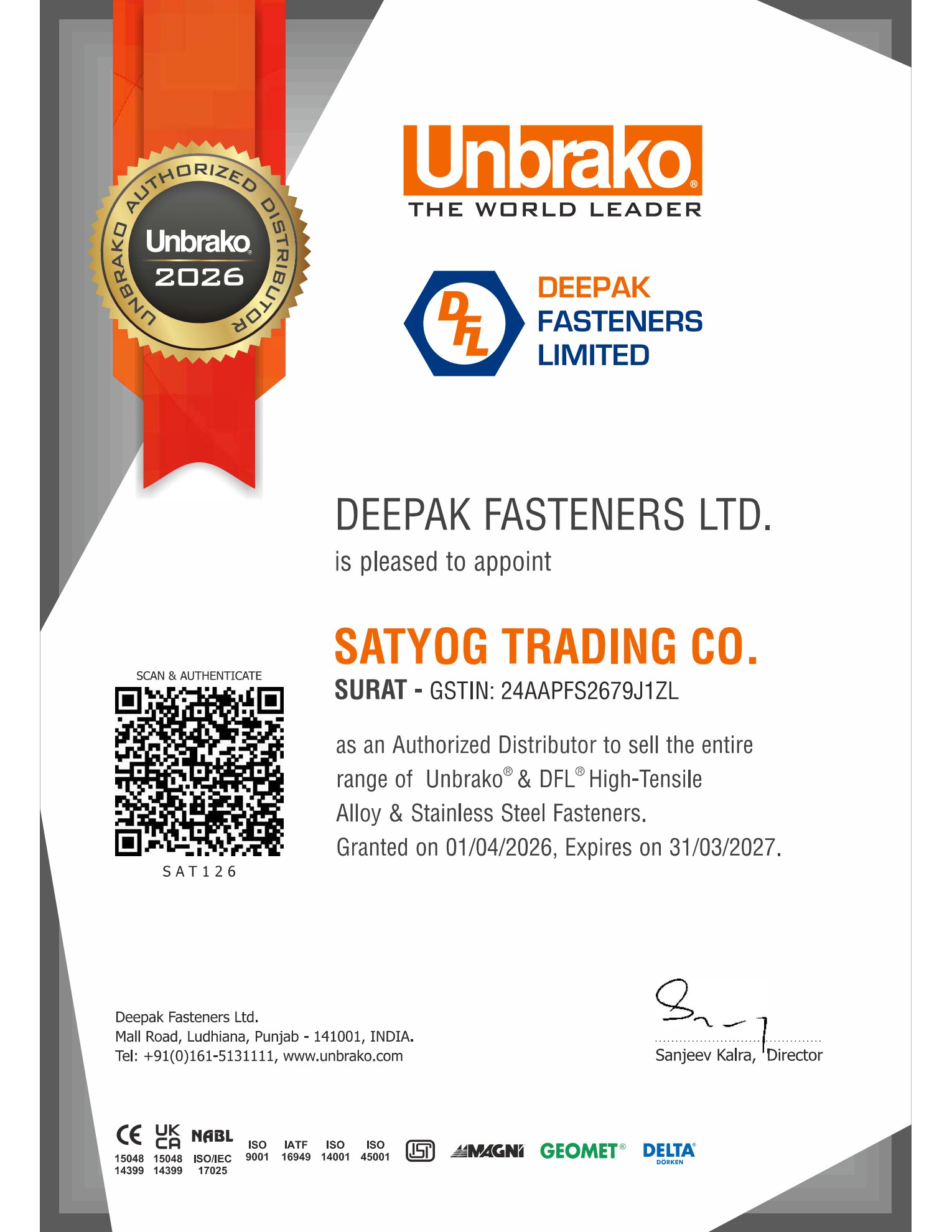 Unbrako certificate — Satyog Trading Co., Surat